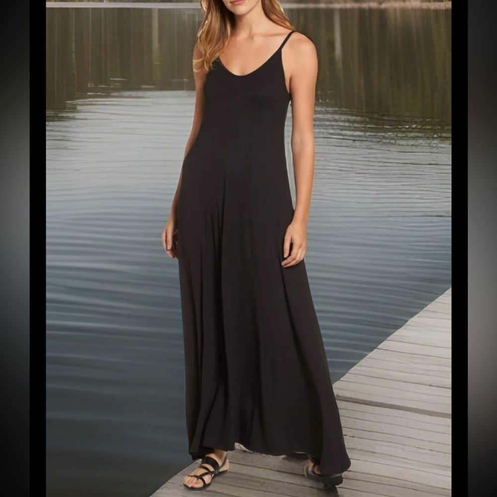 Soft Surroundings Sleeveless Maxi Dress Large Black Beachy Bohemian Side Slits